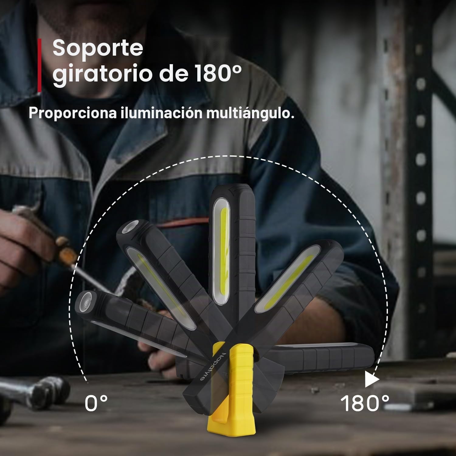 Lámpara LED de trabajo Napatyre para taller, 1000 lúmenes, linterna giratoria 180° con imanes y ganchos, 5 modos, COB para reparación de automóviles, inspección, garaje