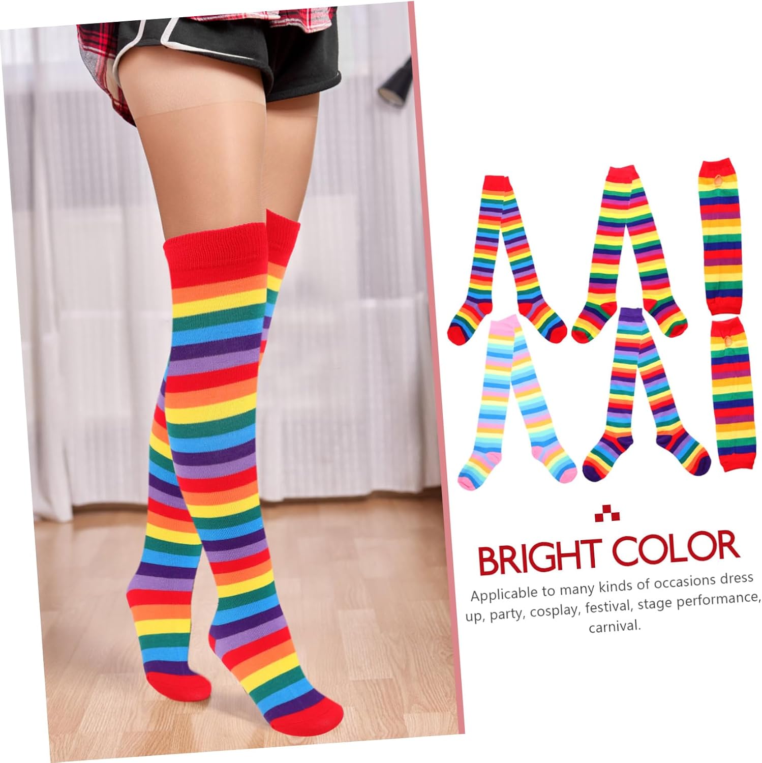 Ipetboom 1set Rainbow Thigh High Socks Set for Women over Knee Socks Arm Warmers Decorative Fashion Kit