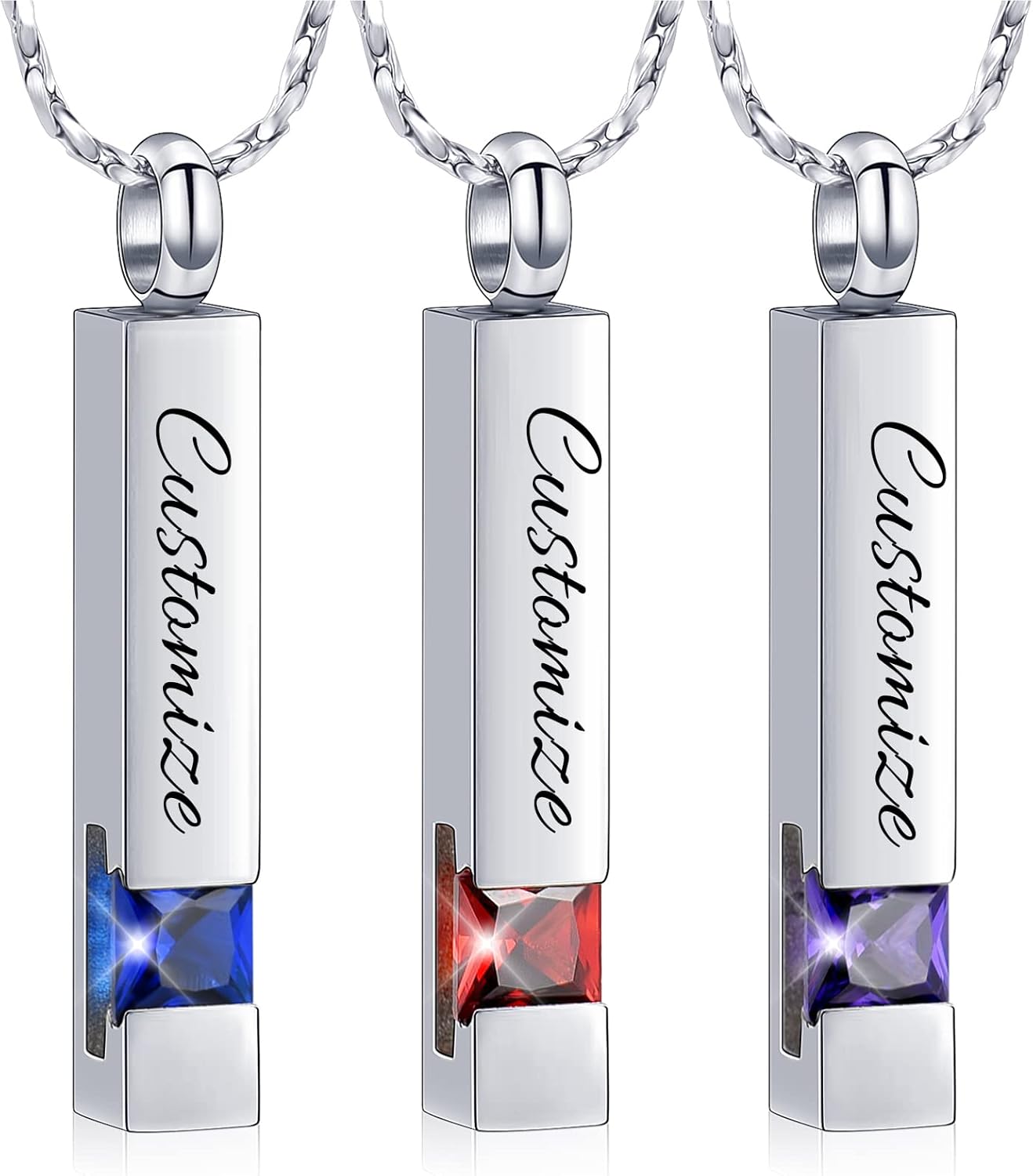 Imrsanl 3 Pack Cremation Jewelry Birthstone Cube Urn Necklace for Ashes, Hollow Crystal Bar Urn Pendant for Human Pet Ashes, Keepsake Ash Jewelry for Women Men
