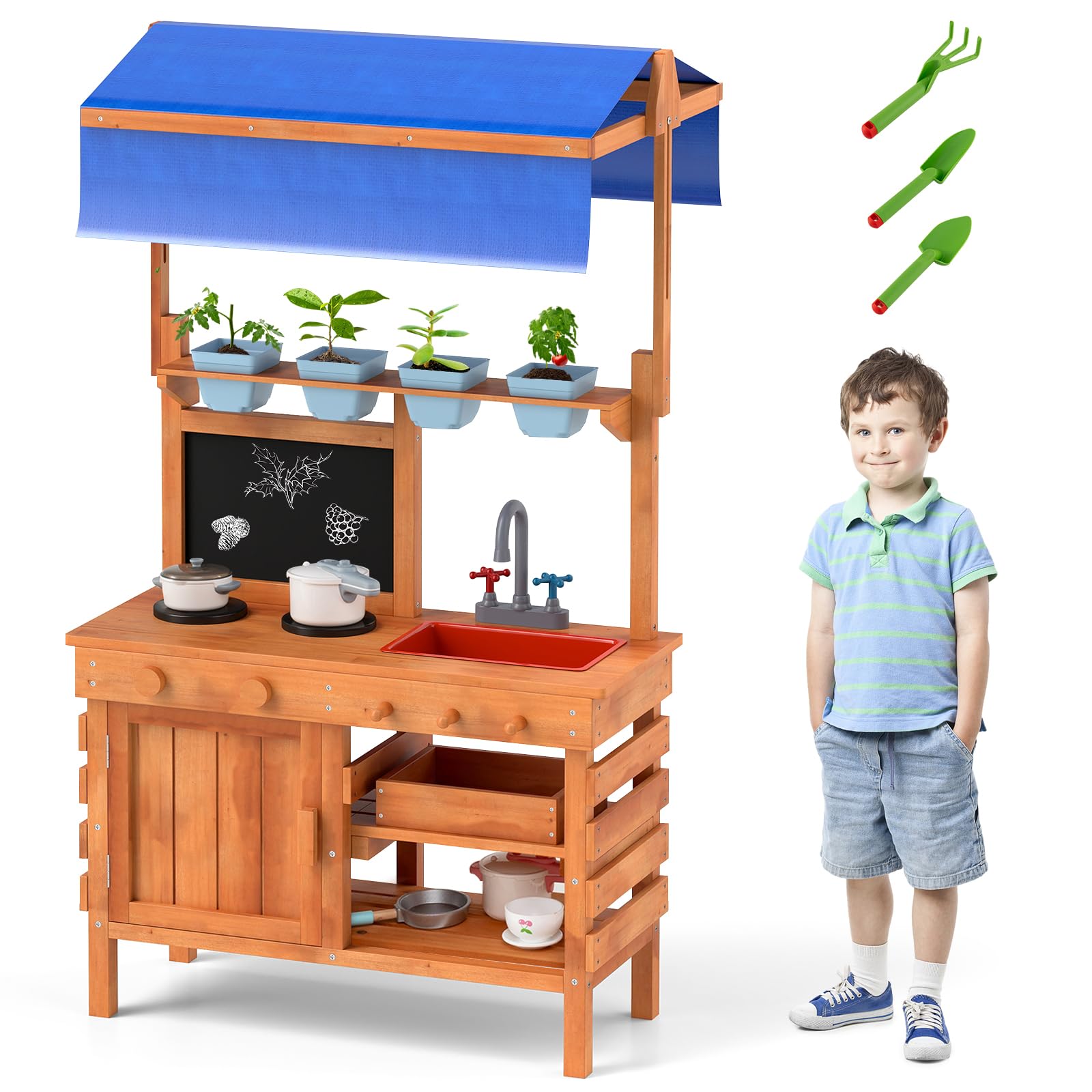 FANTASK Matschküche Kinder Outdoor, Kinderküche Holz mit Sonnendach & Tafel & Pflanzbechern & Schaufeln