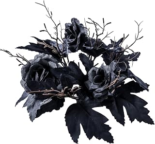 Halloween Candle Wreaths Artificial Black Rose Candle Rings Wreath 9.84inch Small Floral Twig Wreath Candle Holder for Fall Thanksgiving Home Party Table Centerpieces Decor (Black)