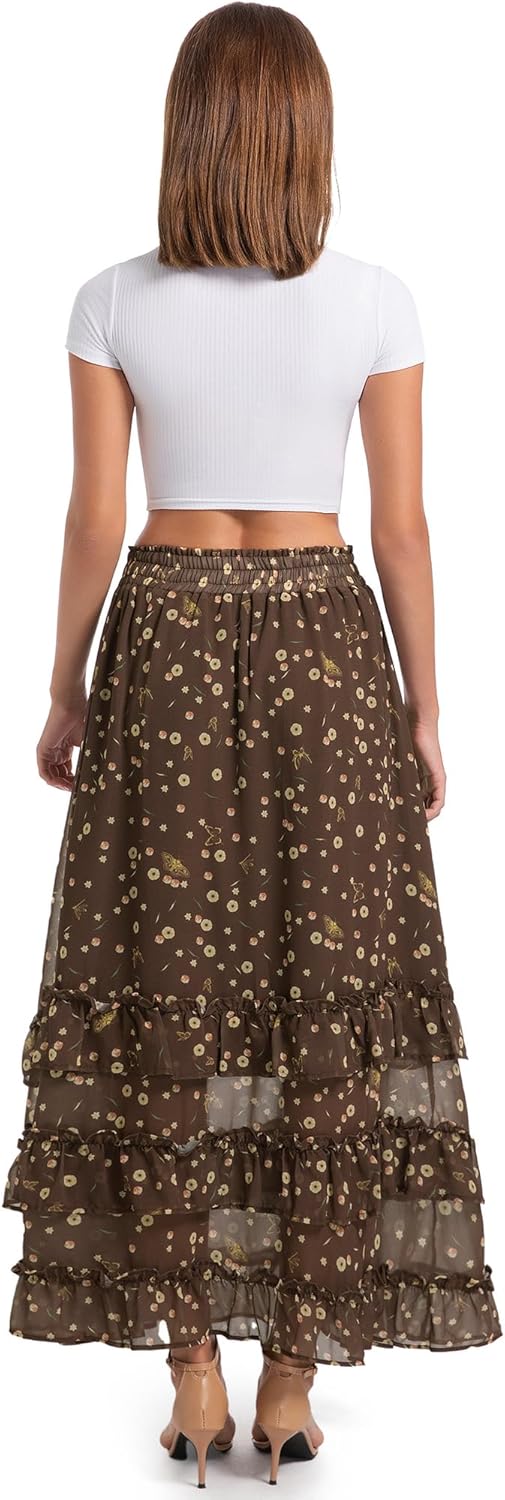 Women's Floral Maxi Skirt Chiffon Elastic High Waist A-Line Long Skirt Flowy Summer Skirts for Beach Party Holiday - Image 3