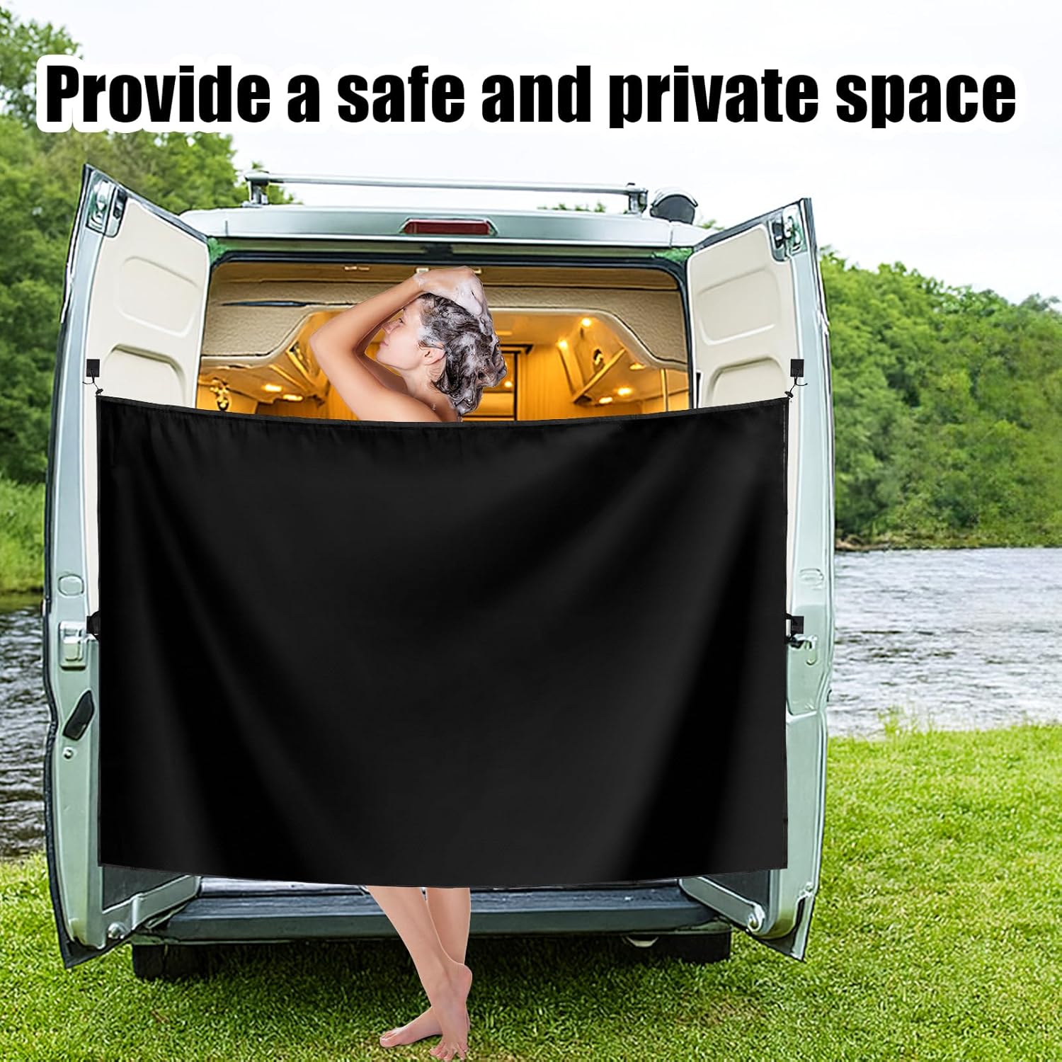 7.5x6 ft Large Car Curtain, Camper Van Rear Door Shower Curtain with Magnetic Hooks Adjustable Waterproof Double Layer Outdoor Privacy Changing Cover for Truck Travel Accessories (Black)