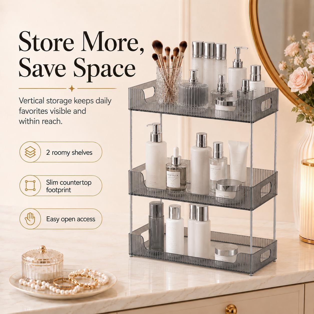 Goderewild Bathroom Counter Organizer, Multi-Purpose Cosmetics Skincare Shelf, Makeup Organizer for Vanity Tray, Countertop Storage Solution for Kitchen and Bath. (Smoky Gray, 3-Tier)