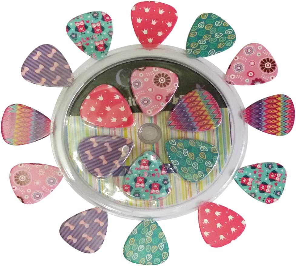 Girly Guitar Picks Set - Medium Celluloid 12-pack - Unique Colorful Designs - Best Gifts for Girls Kids Teens Daughter Granddaughter Women - Thanksgiving Christmas New Year Holidays Presents