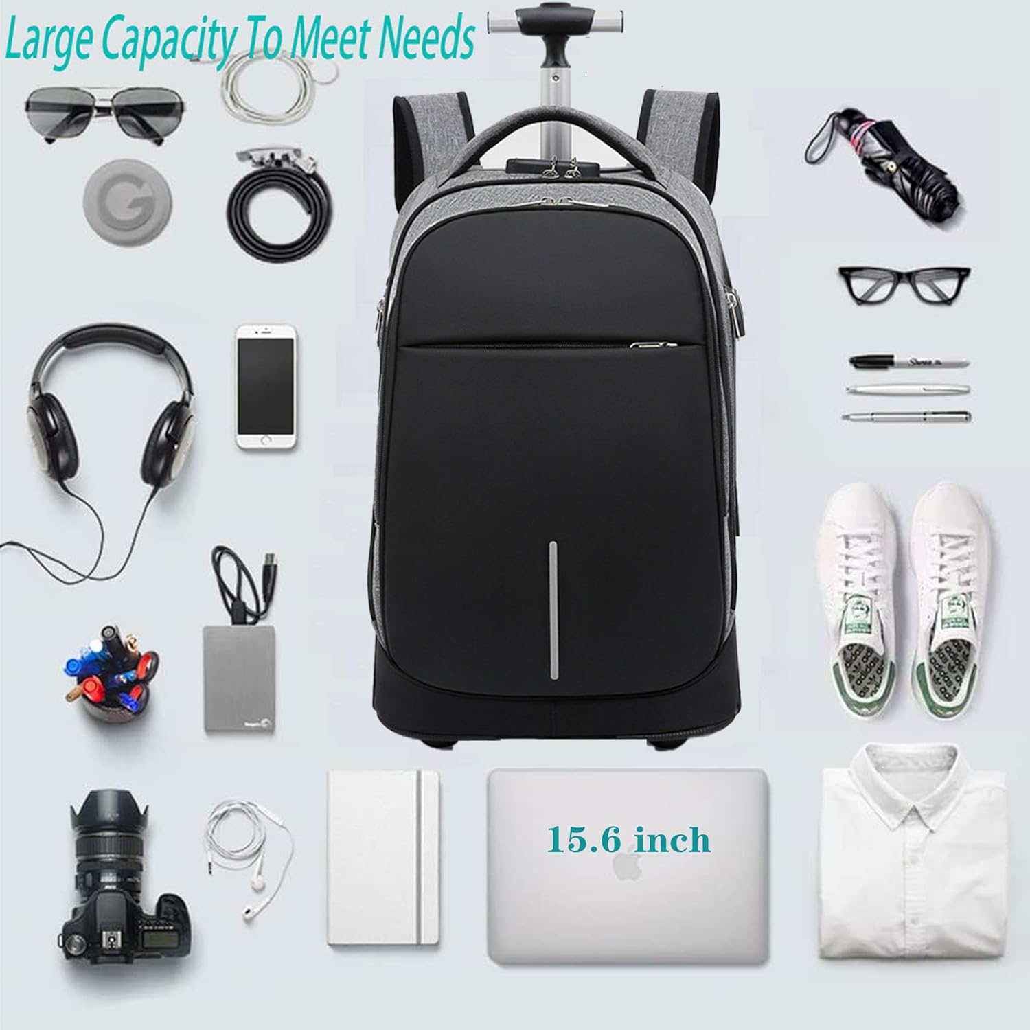 20 Inch Travel Backpack with Wheels, Rolling Backpack for Adults with Wheels, Wheeled Backpack with 15.6 Inch Laptop Waterproof Compartment, Roller Backpack with Password Lock (Grey) - Image 3