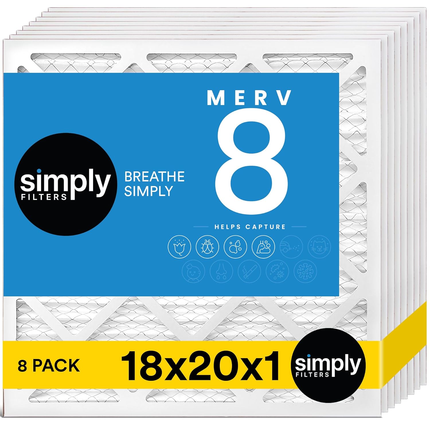 Simply 18x20x1 Air Filter, MERV 8, 8 Pack, For Home AC Furnace & HVAC (Actual Size: 17.81"x19.81"x0.75") DUST, Pet, & Allergy Control