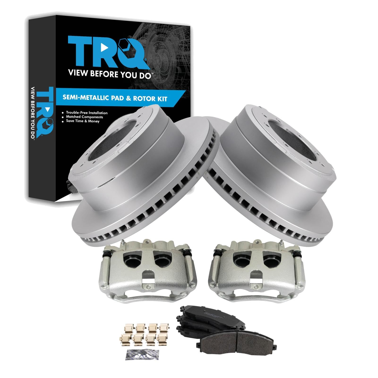 TRQ Rear Brake Pad, Caliper, &amp; Rotor Kit Semi-Metallic Compatible with 2013-2019 Ford F-350 Super Duty 2013-2014 F-450 Super Duty