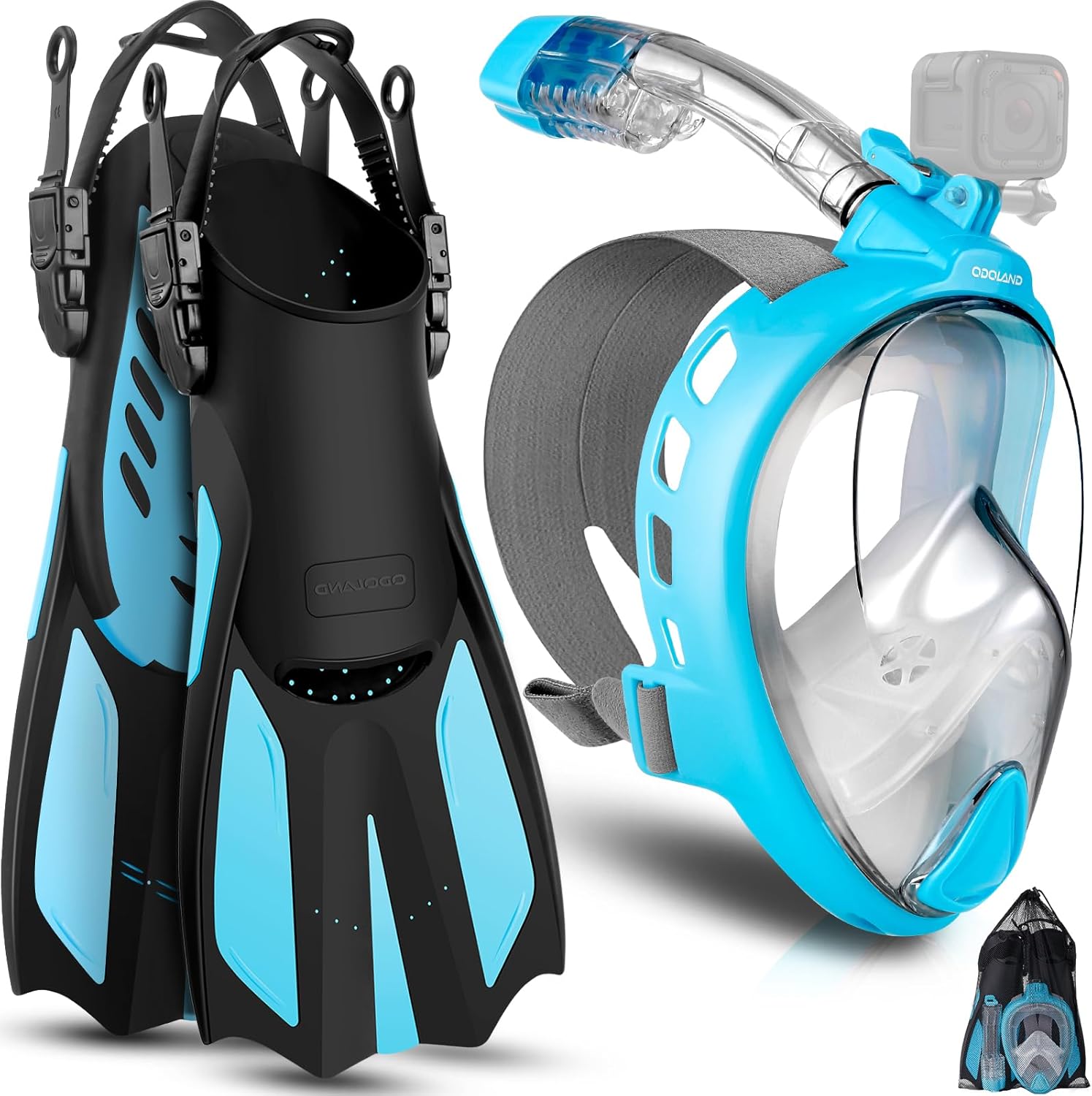 Odoland Snorkeling Packages for Adults & Youth, Full Face Snorkel Mask with Camera Mount, Adjustable Swim Fins, Mesh Bag, Anti-Fog Anti-Leak Scuba Diving Gear for Men & Women Sky Blue/Clear
