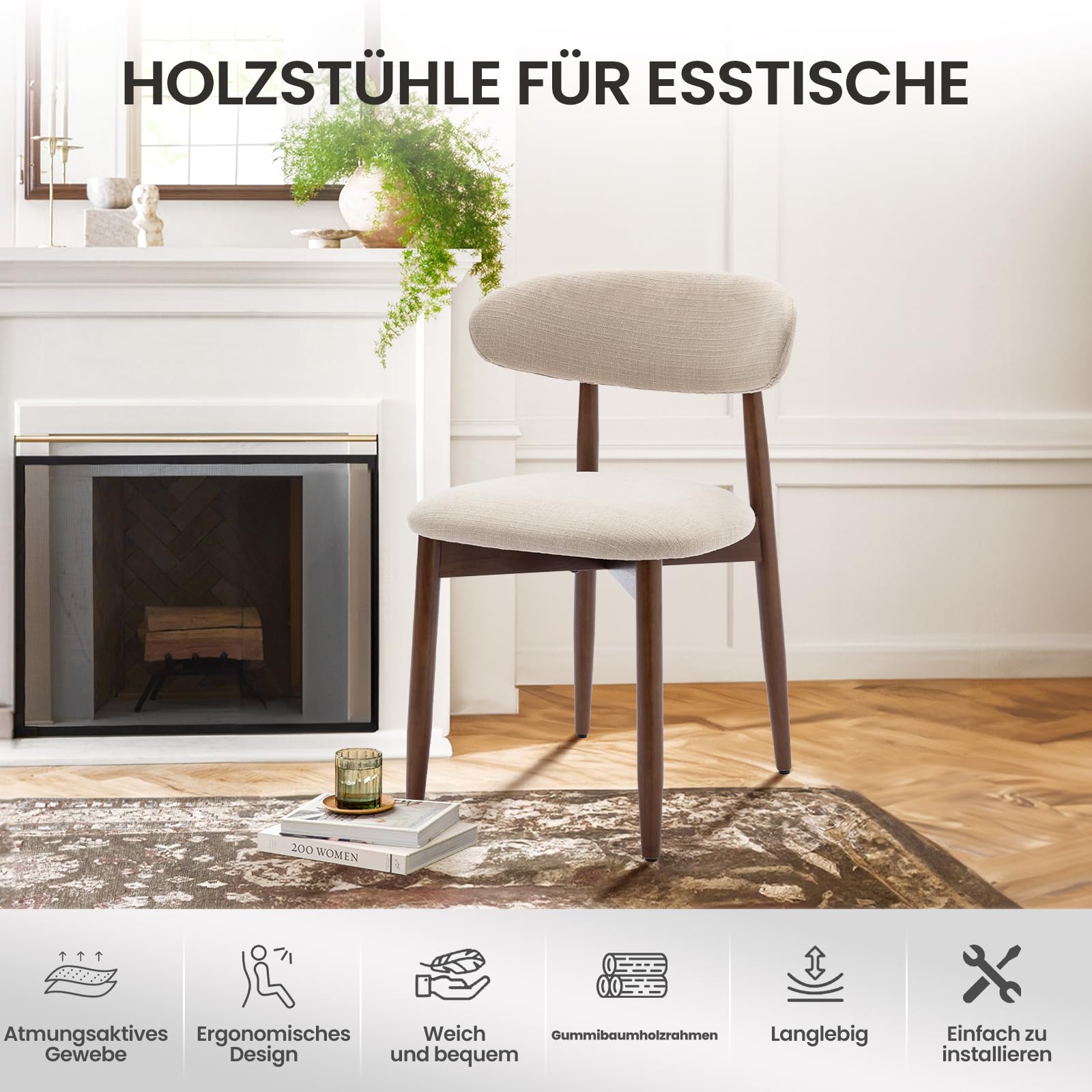 COLAMY Esszimmerstühle 2er Set, Polsternder Stühle Esszimmer mit Rückenlehne, Moderne Küchenstühle Gepolstert, Stoff Dining Chairs mit Back und Holzbeinen für Esszimmer, Küche, Restaurant, Beige