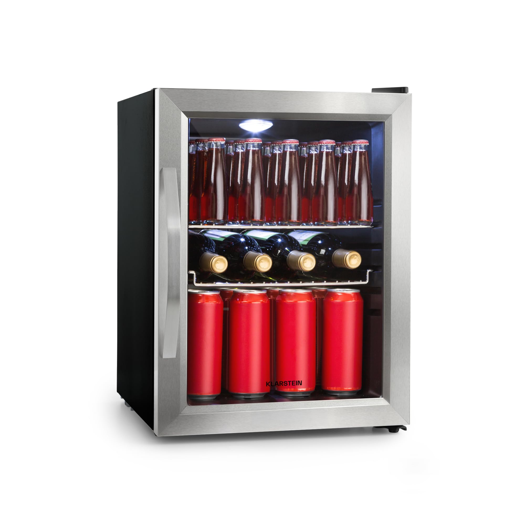 Klarstein Mini Kühlschrank mit Glastür, für Zimmer, Getränkekühlschrank Klein mit Verstellbaren Ablagen, 33 Liter, Indoor/Outdoor Kühlschrank Leise 33 L Silber-schwarz
