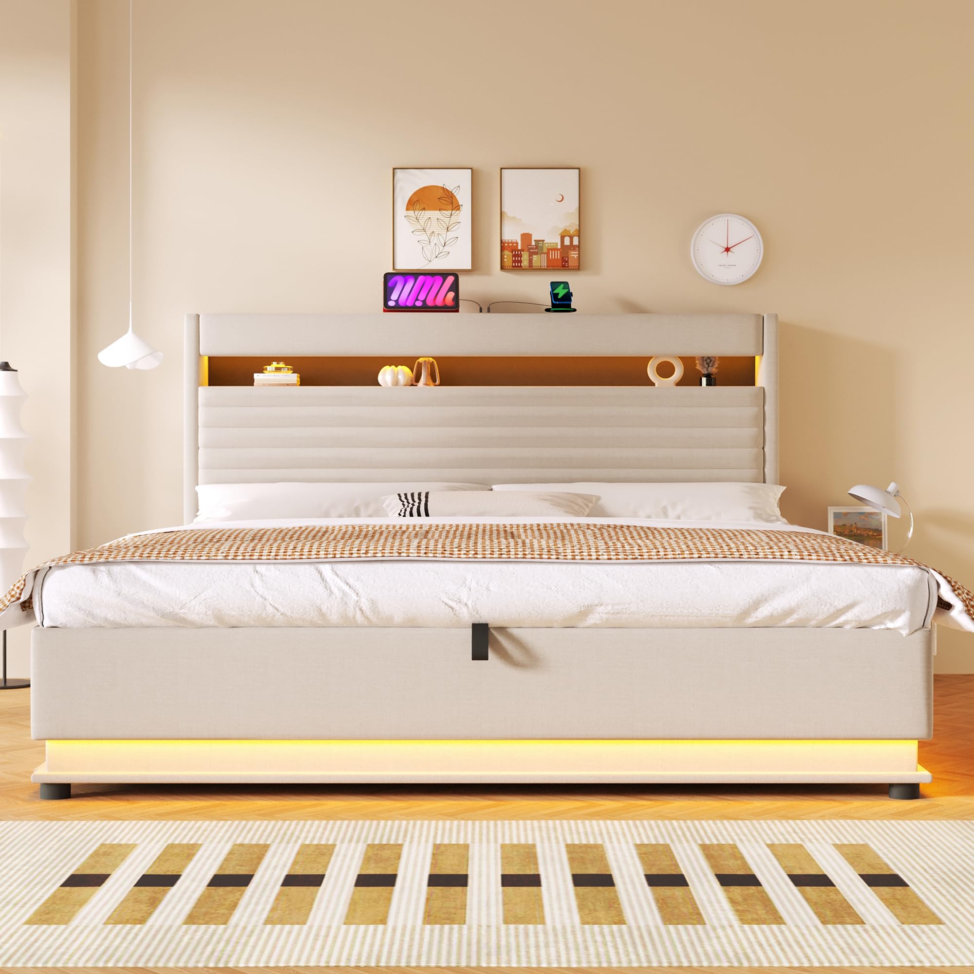 Cama 180x200 cm Camas Matrimoniales con Carga USB y LED, Cama Tapizada Matrimonio con Cabecero de Almacenamiento y Almacenaje Hidráulico, Camas Doble, Lamas Madera, Lino, Sin Colchón, Beige