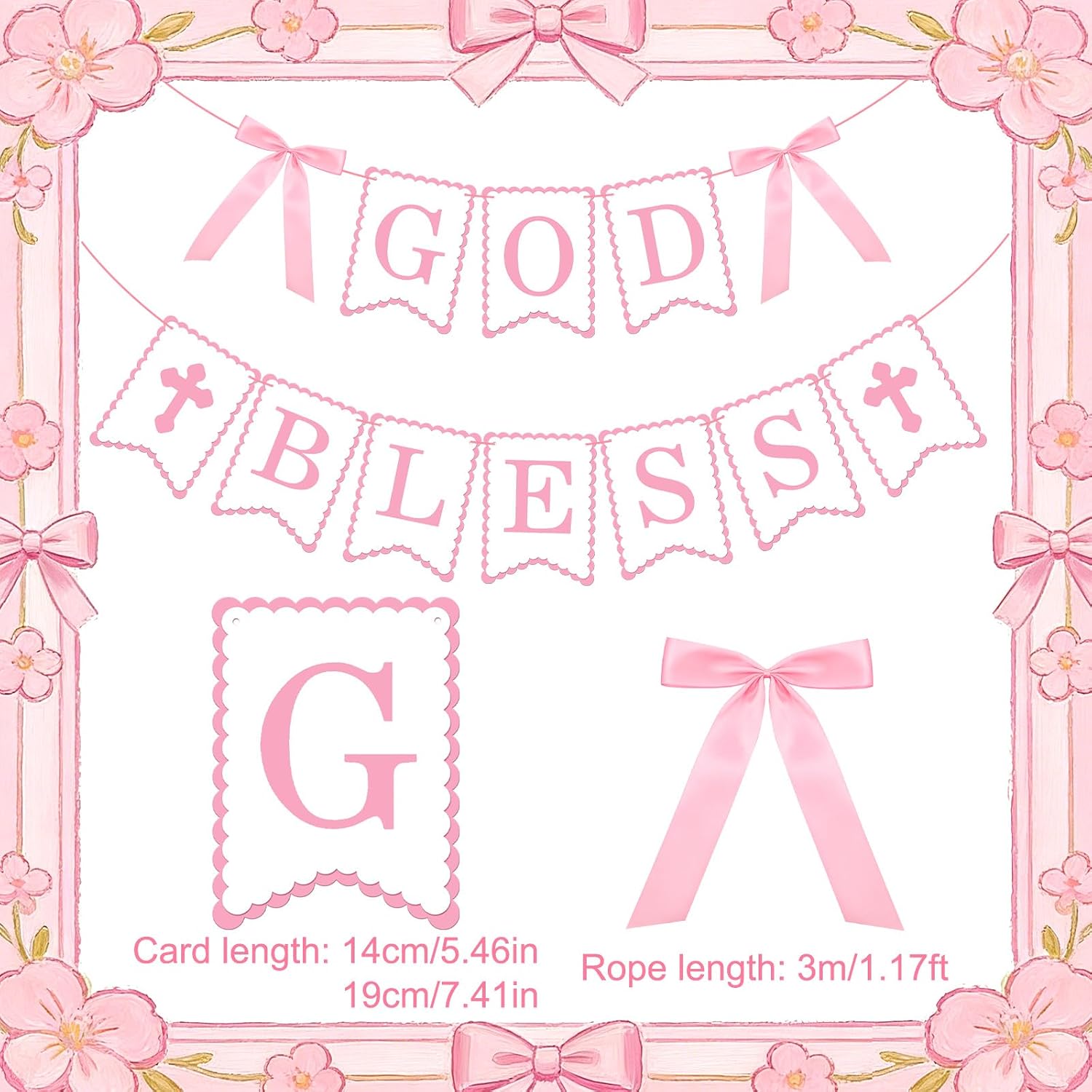 God Bless Banner Pink Bow Baptism Banner Cross Banners Double Layers Pink Baptism Decorations for First Communion Confirmation Decorations Baby Girl Shower Decoration