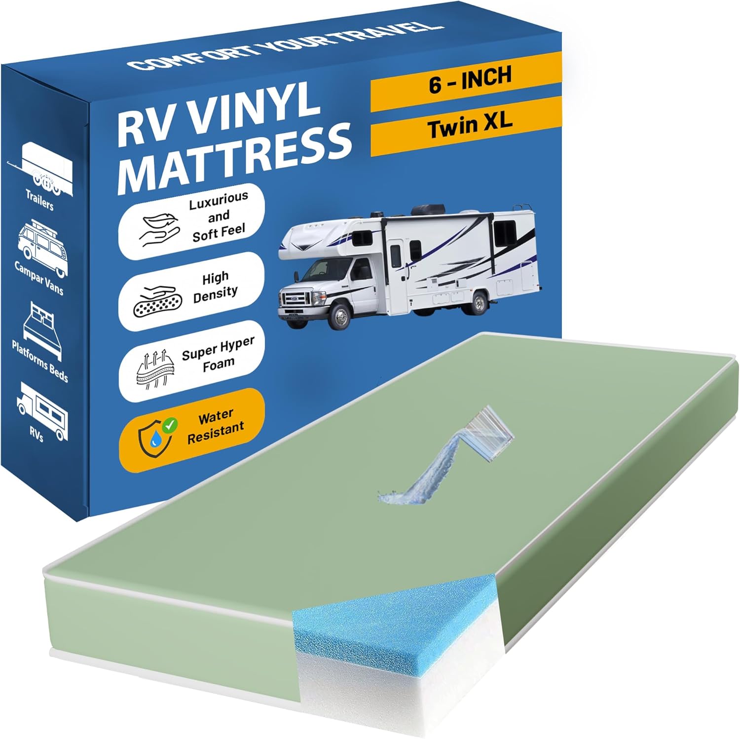 Greaton, 6-Inch High-Density Cooling Gel Memory Foam Vinyl RV Mattress Replacement, Medium Firm, Good for Trailers, Camper Vans, Sofa Bed and Other Furniture Application, Twin XL, Green