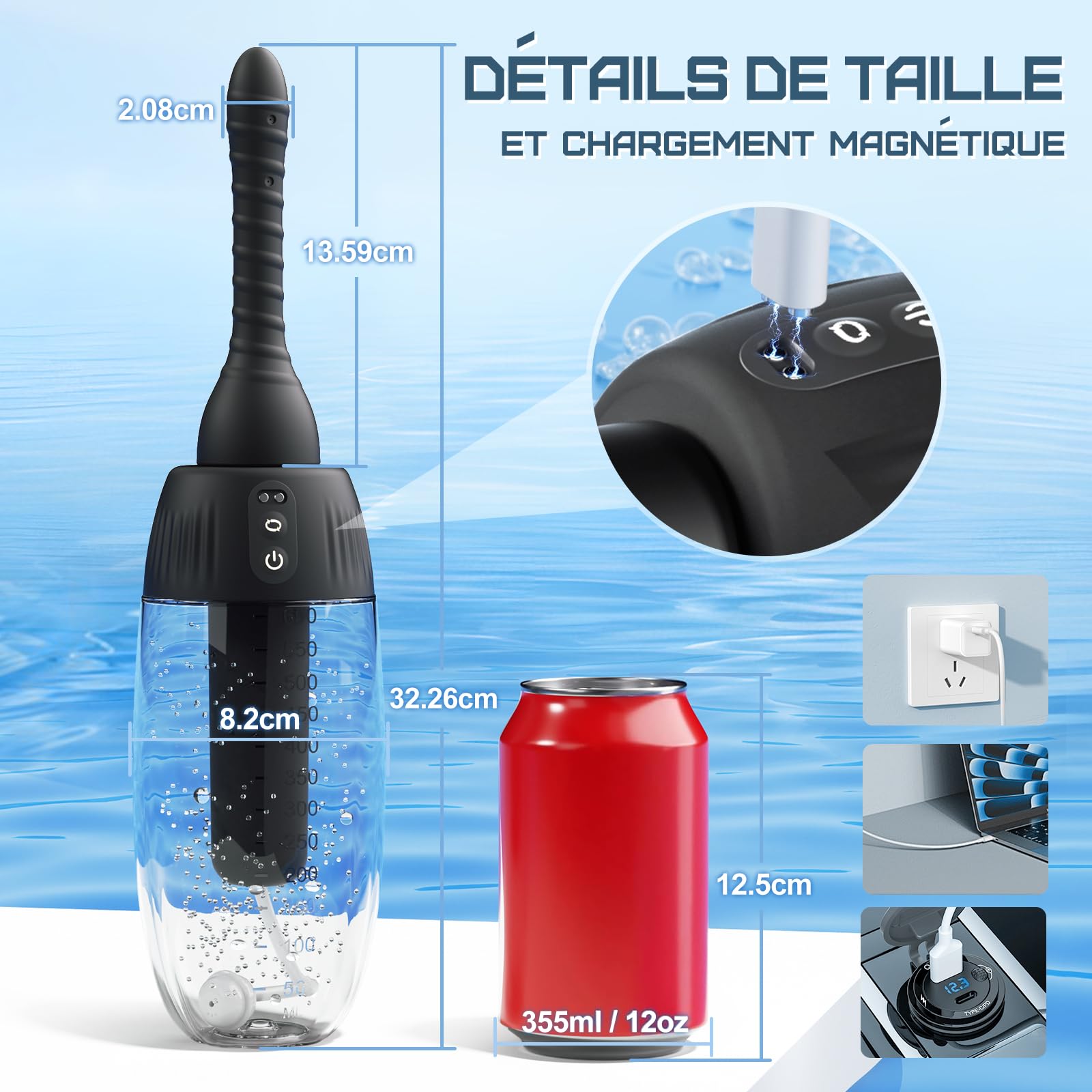 Poire a lavement pour anus - 20oz Lavement rotatif Automatique Poire à lavement intime hommes et femmes Nettoyage en profondeur à 360° 5 becs avec 3 vitesses de rotation et de pulvérisation