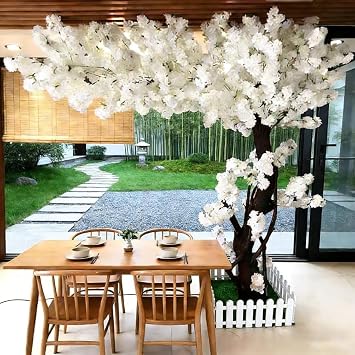 Japanese Artificial Cherry Blossom Trees Wishing Tree Handmade Shopping Wedding Party Indoor and Outdoor Decoration Artificial Cherry Blossom Tree,White,H5.9*L4.9ft
