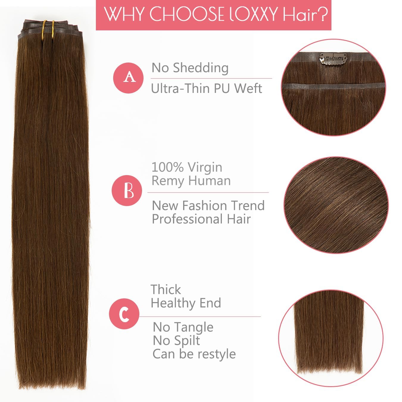 Loxxy Seamless Clip in Human Hair Extensions Natural Silky Straight Invisible Clip Hair Extensions 100% Brazilian Remy Tape Hair Clip on Extensions Full Head Chocolate Brown 7PCS 110gram 22Inch