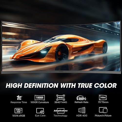 KOORUI Ecran PC Gamer 34 Pouces, Ecran Gaming incurvé, 200Hz, 1440P 1ms WQHD, Adaptive Sync, HDMI 2.0 Display Port, 1000R HDR 400, réglable en Hauteur, VESA Mountable, Eye Care - 3