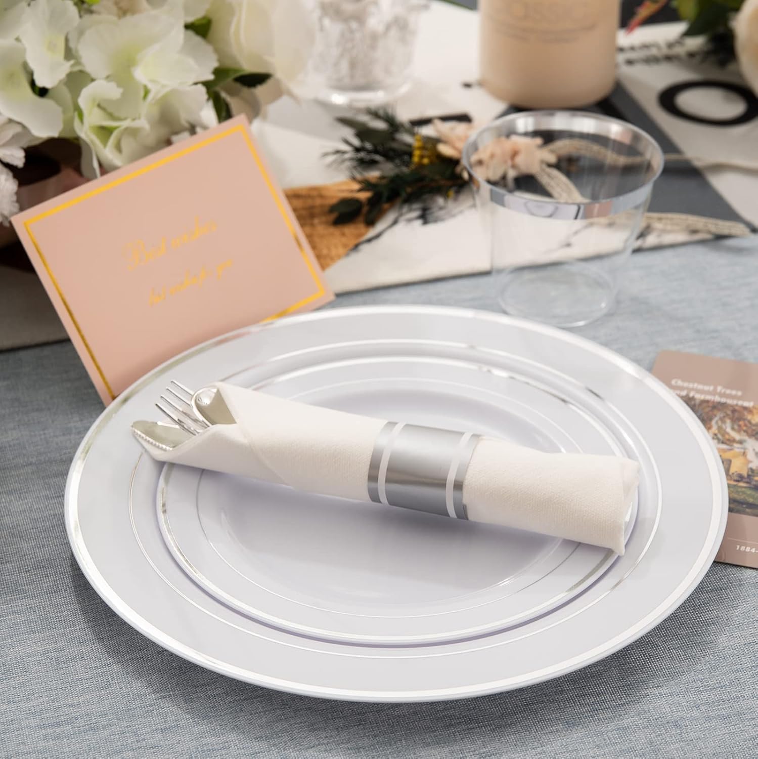 WELLIFE 350Pcs Silver Plastic Plates with Disposable Silverware and Cups, Include: 50 Dinner Plates 10.25”, 50 Dessert Plates 7.5”, 50 Silver Rim Cups 9 OZ, 50 Pre Rolled Napkins Packed in : Health & Household