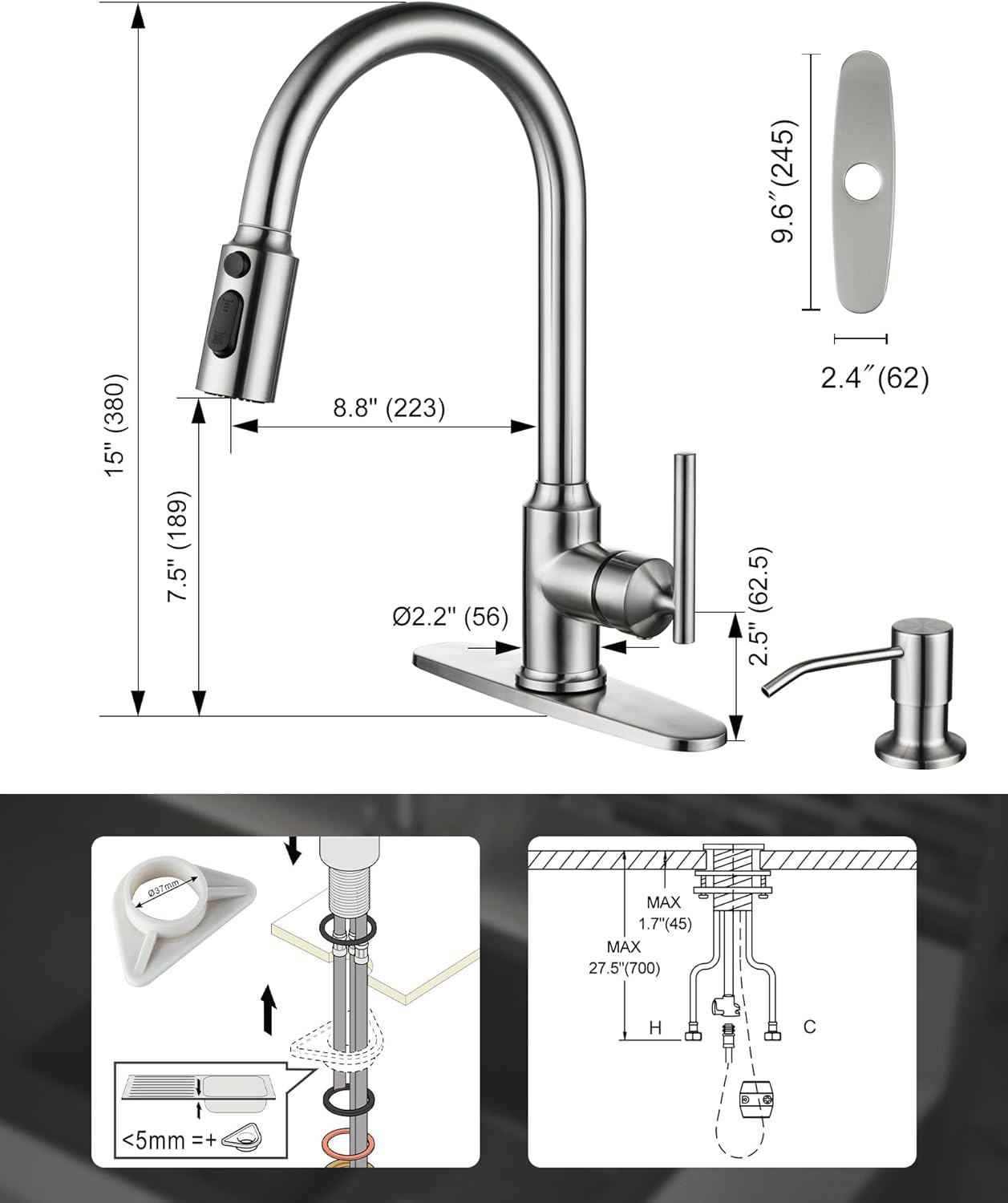 WOWOW Kitchen Faucet Head Replacement Brushed Nickel, 3 Function Pull Out Spray and Kitchen Faucets with Pull Down Sprayer, Brushed Nickel Kitchen Faucet with Sprayer