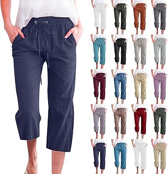 Capris Pants for Women 2025 Cotton Linen Sweatpants Casual Summer Straight Wide Leg Loose Drawstring Elastic Trouser
