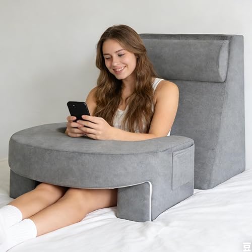 Juego de 3 almohadas de lectura para adultos, soporte ergonómico para espalda/cuello con brazos y bolsillos, espuma de alta densidad 26D para cama,