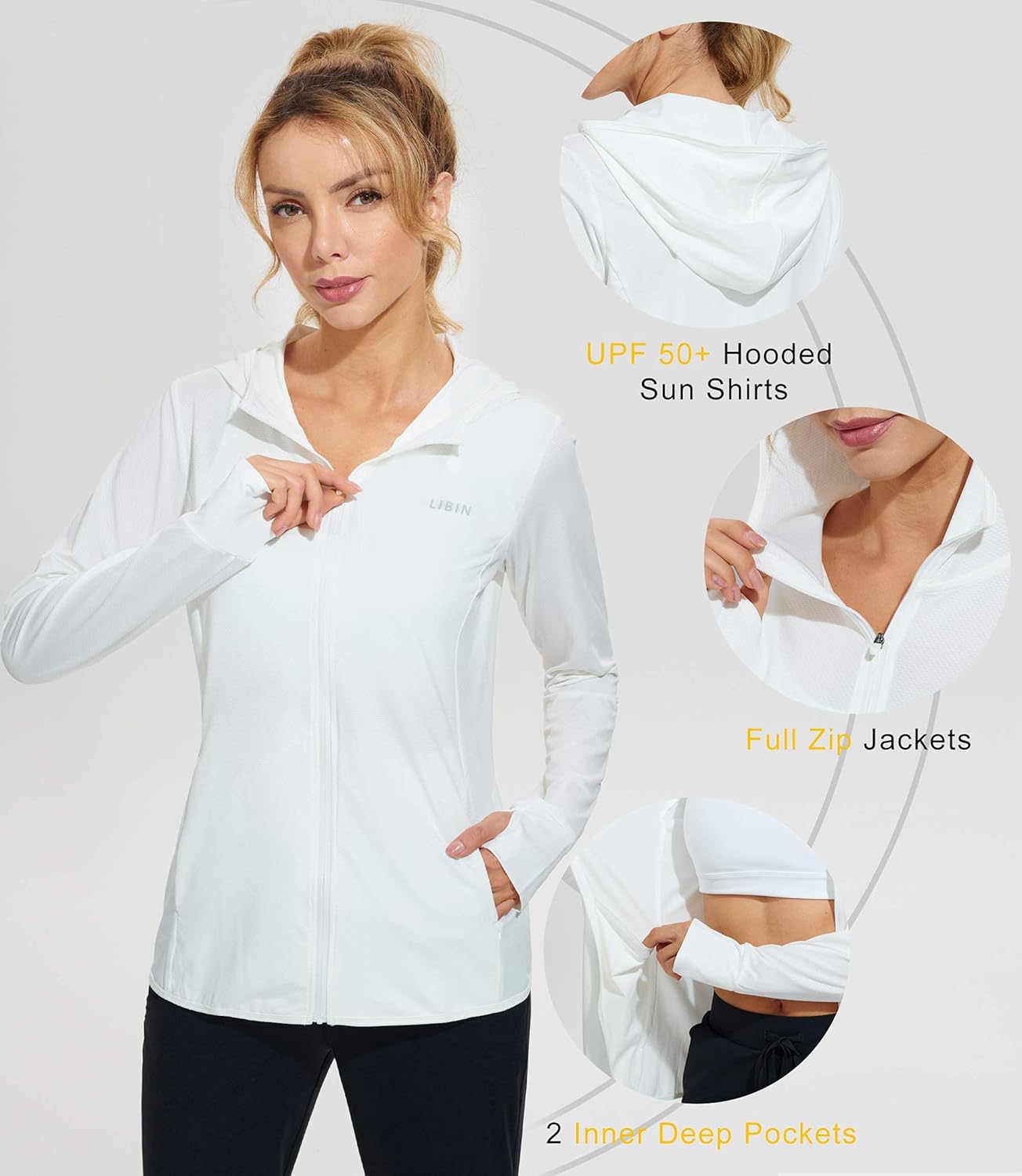 Libin Women's Full Zip UPF 50+ Sun Protection Hoodie Jacket Long Sleeve Sun Shirt Hiking Outdoor Performance with Pockets 01-white-upgrade Small