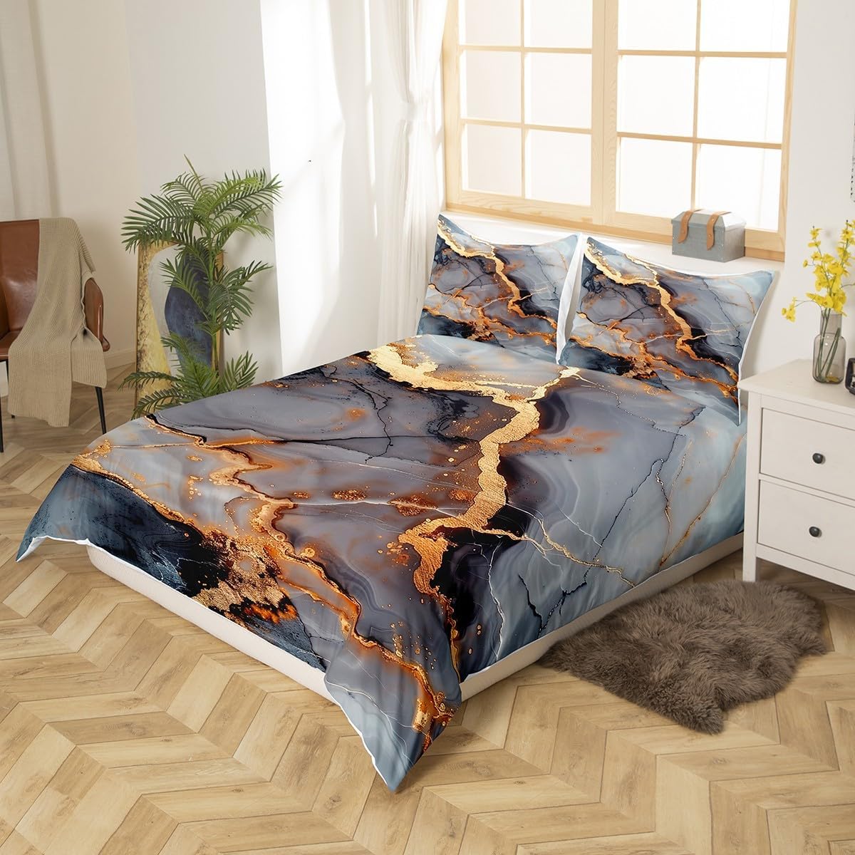 Marble Duvet Cover Black Golden Pastel Bedding Set Marble Abstract Art Design Girls Comforter Cover Set Bronzing Decor Luxury Bedspread with Zipper Ties Women Soft Microfiber Quilt Set, Twin Size image 2