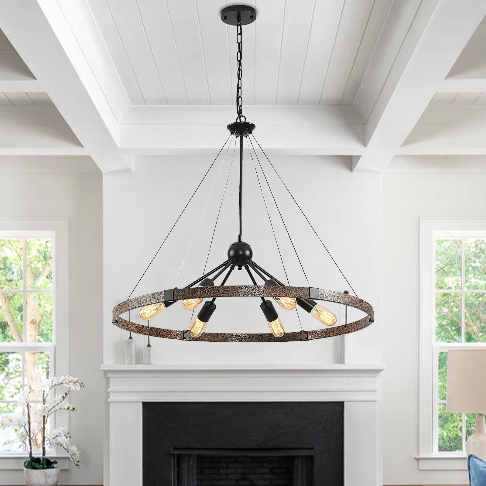 HvKvHvY 6 Lights Wagon Wheel Chandeliers Ceiling Light, Vintage Industrial Farmhouse Ceiling Light Fittings, Black Rustic Chandelier E27 Metal Adjustable Lights for Living Room Kitchen Bedroom,80cm