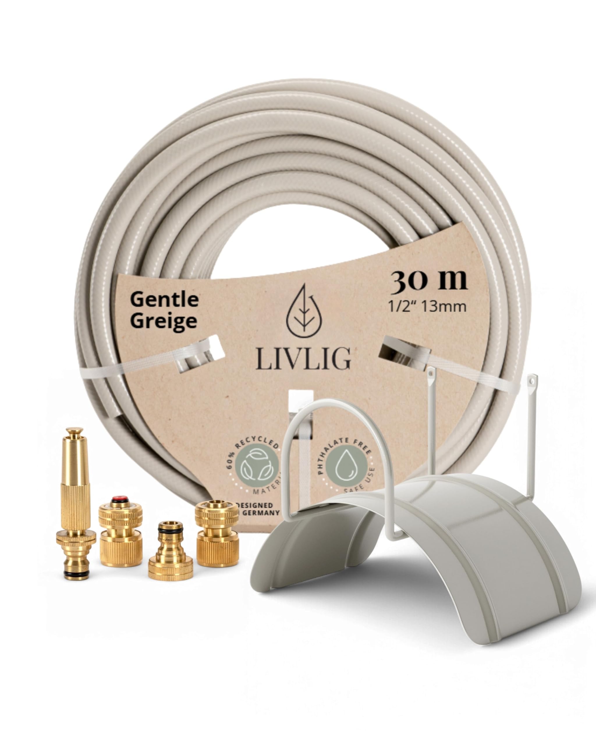 LIVLIG Kit complet d'arrosage de jardin de 30 m avec tuyau d'arrosage de 1/2", support mural en acier et pulvérisateur de jardin en laiton – Kit de tuyau avec raccords, longueur 30 m