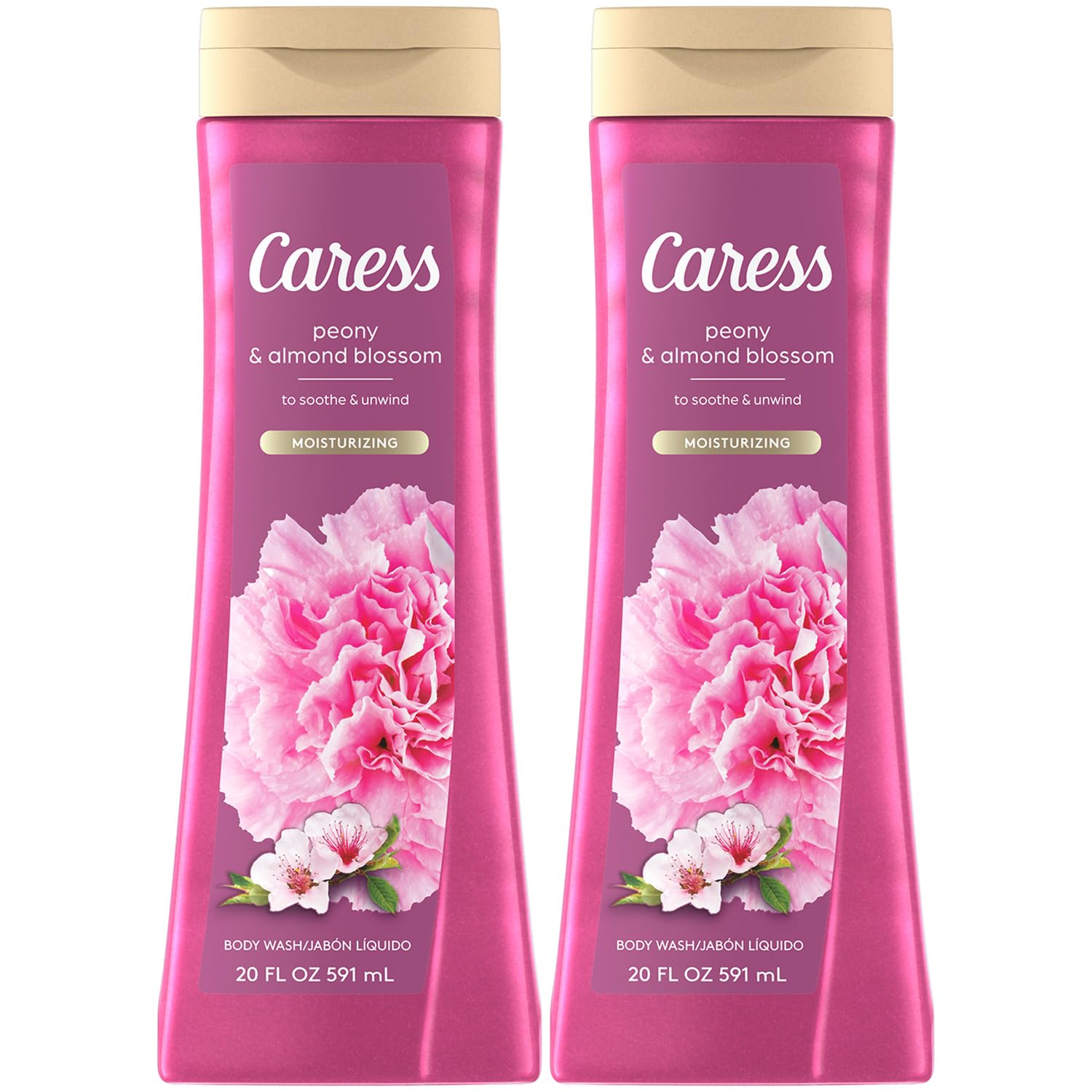 Caress Moisturizing Peony & Almond Blossom Body Wash for Fresh, Smooth Skin, Body Soap to Soothe & Unwind, 20 Fl Oz (Pack of 2)
