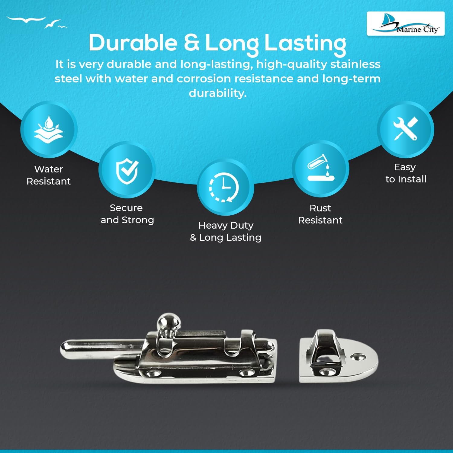 MARINE CITY Barrel Bolt Door Latches, 316 Stainless Steel, Rust & Corrosion-Resistant, Ideal for Windows, Hatches, Cabinets
