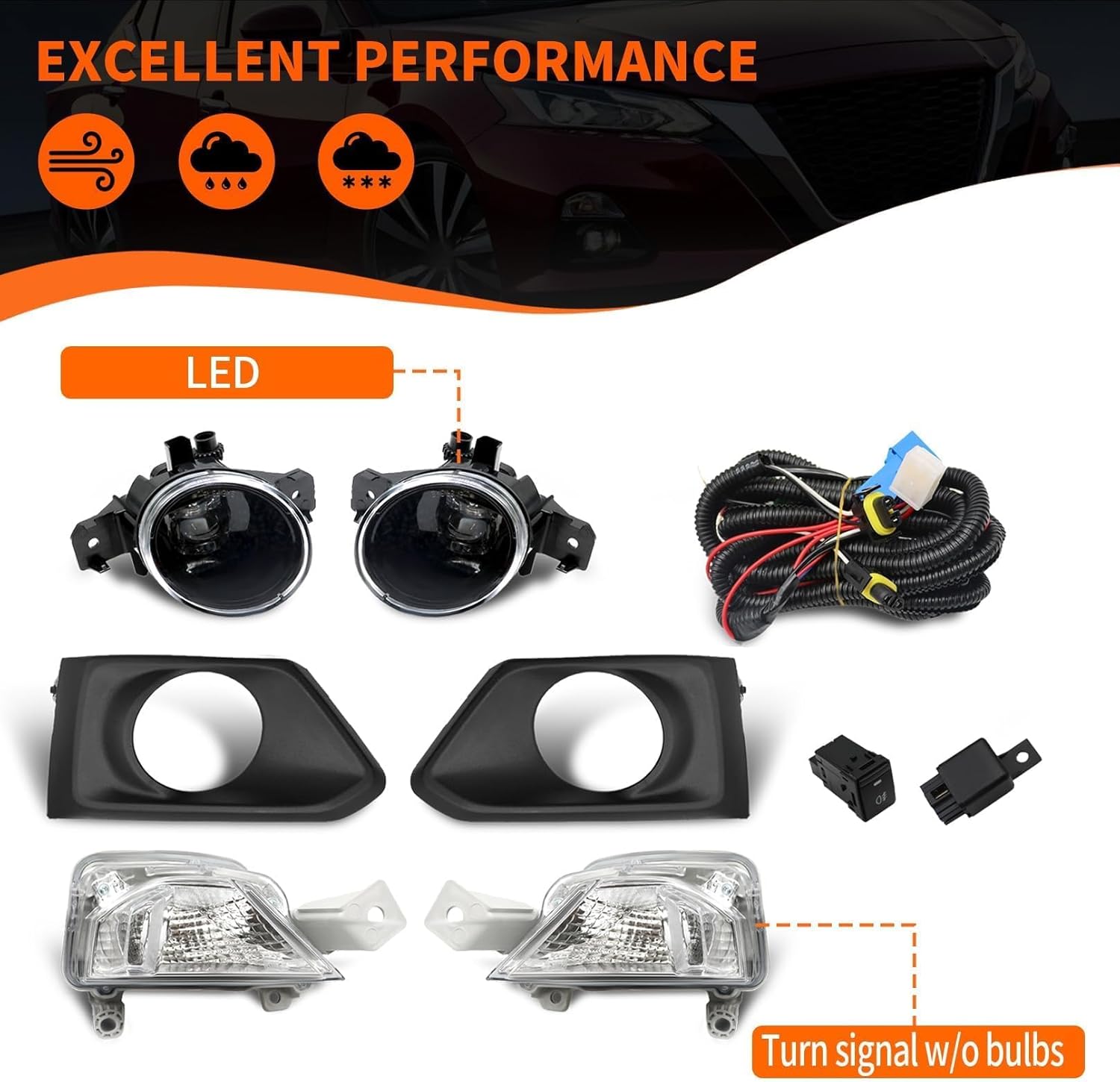 Bumper Fog Lights Assembly Compatible with Altima 2019 2020 2021 Left & Right Fog Lamp w/Turn Signal Lights + Wiring Harness + Switch NI2530121/NI2531121/26135-6CA0A