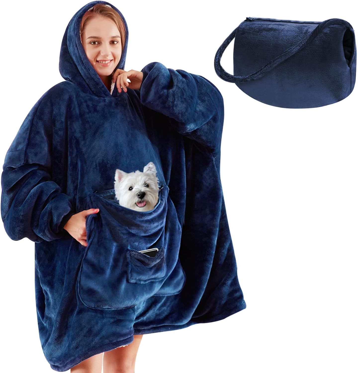 yescool Wearable Blanket Hoodie, Oversized Sherpa Hooded Blanket Sweatshirt, Giant Warm Fuzzy Fleece Lounging Blanket with Hood Sleeves Pocket, Soft Comfort Packable for Women Men Adults (Blue)