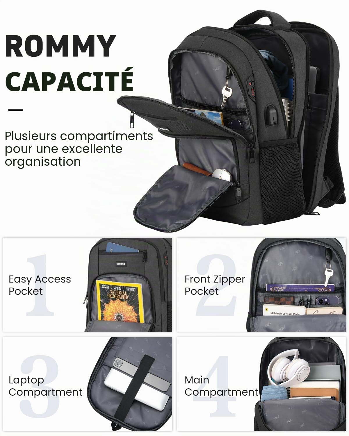 kadilong 17,3 Pouces Sac à Dos Ordinateur Portable pour Homme,Sac pour École Cartables Scolaires Université Lycée pour Ado Garcon