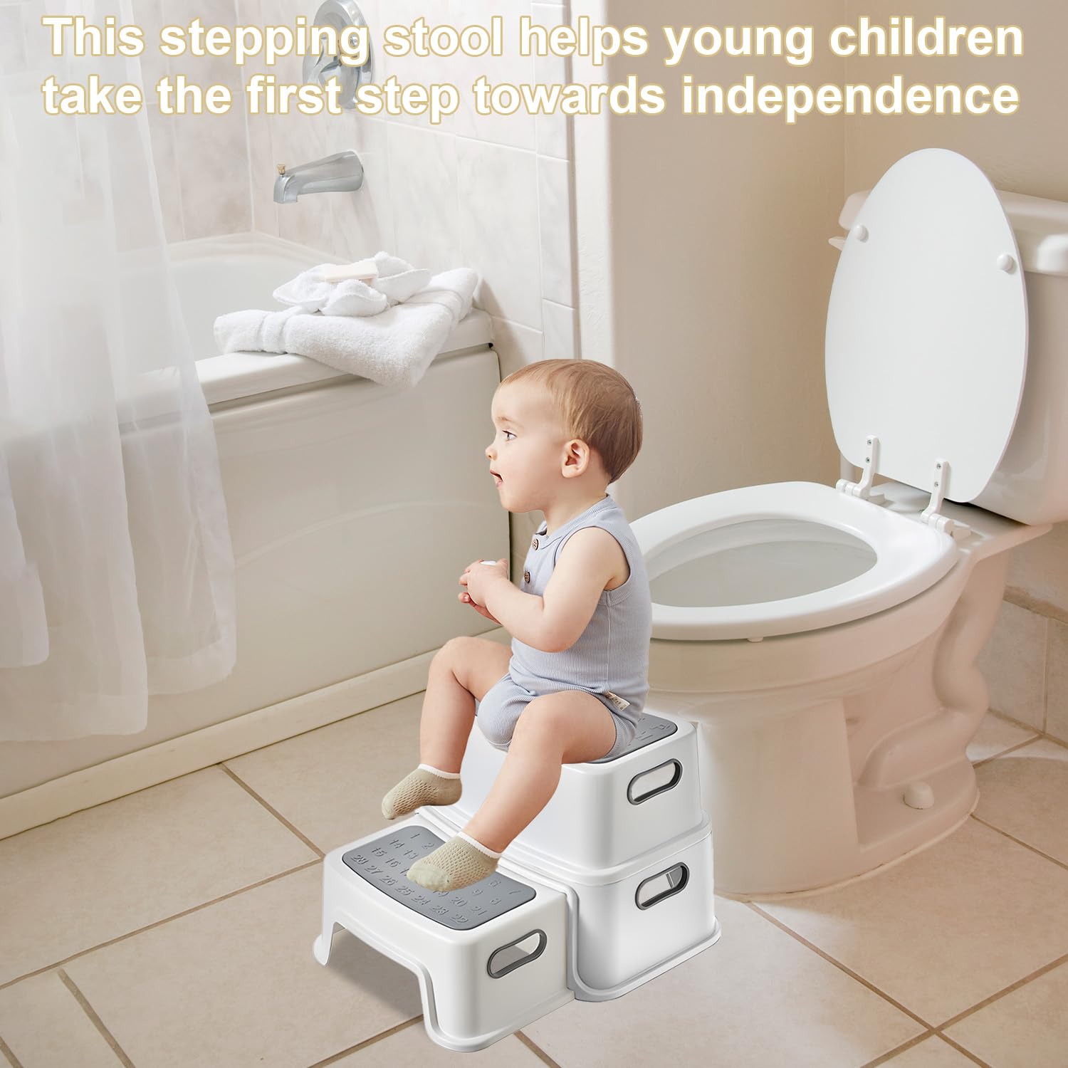 Taburete infantil 2 niveles protección cantos 1 m pies antideslizantes antivuelco peldaños perfilados para baño aseo cocina habitación infantil pálido