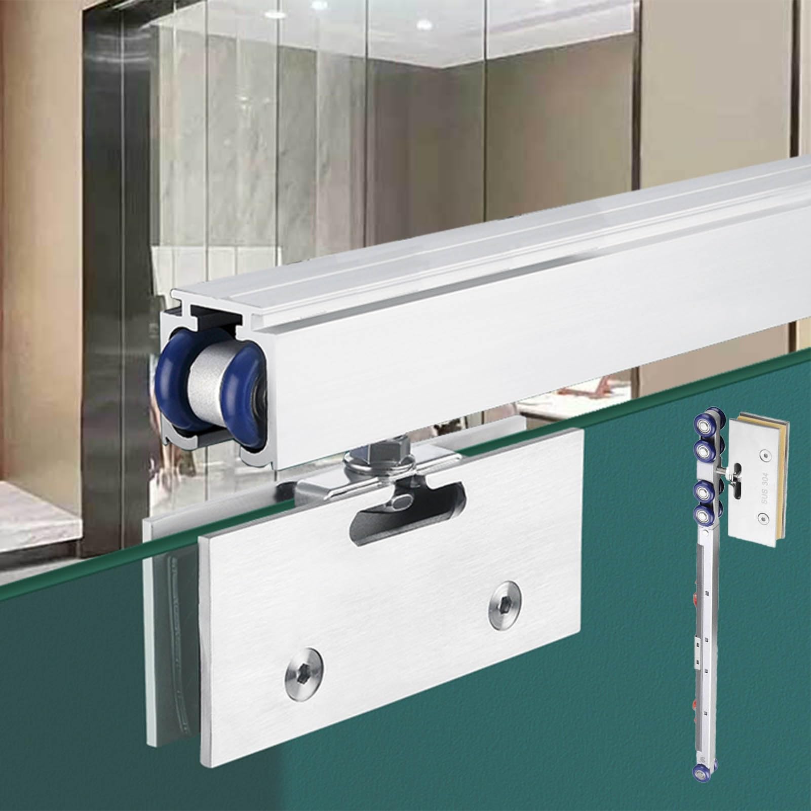 YDHSIKK Glass Sliding Door Track, Sliding Glass Track Soft Close Barn Door Kit 8-12mm Multicolor Multiple Sizes(Silver-white,9ft/2.7m)