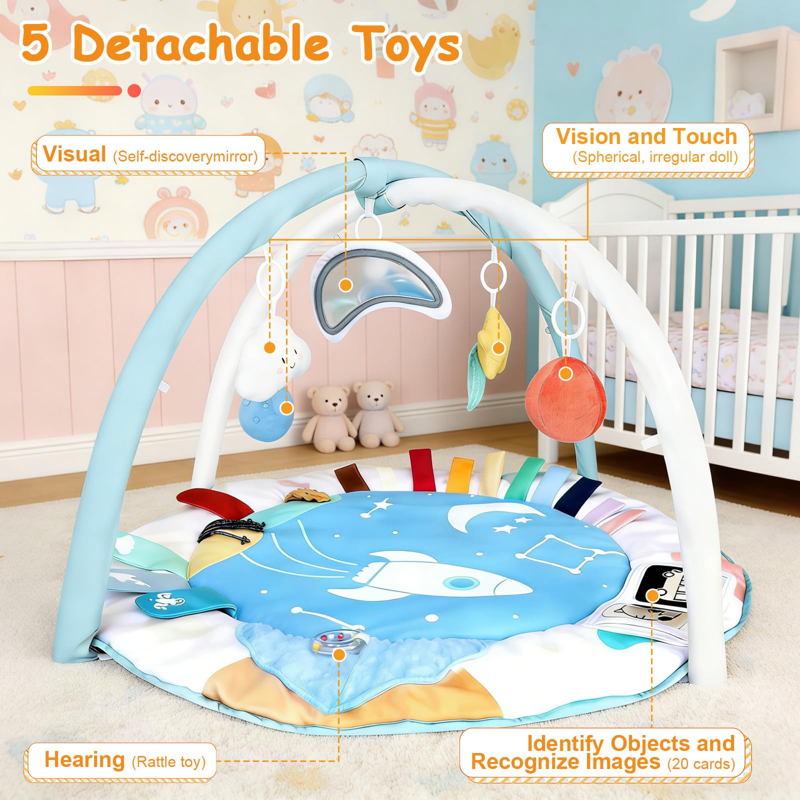 LabTEC Tapis d'éveil pour bébé, tapis d'activités, avec 5 zones de développement et 5 jouets sensoriels amovibles pour stimuler la motricité et le développement sensoriel (bébés de 0 à 18 mois)