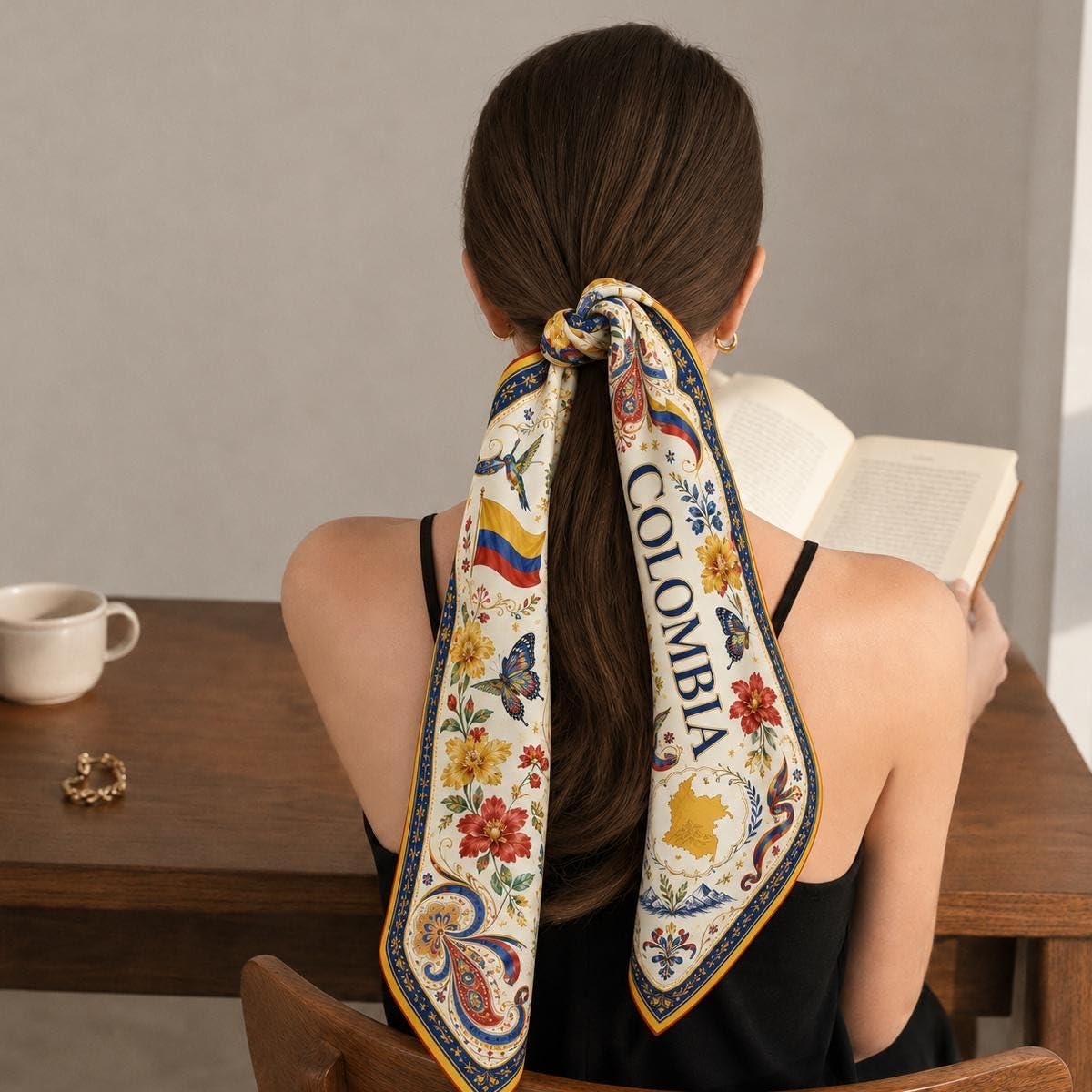 Colombia Satin Hair Scarf for Women, Colombian Bandana Square Head Wrap, Neck Scarf for Hair or Bag, Heritage Festival Outfit
