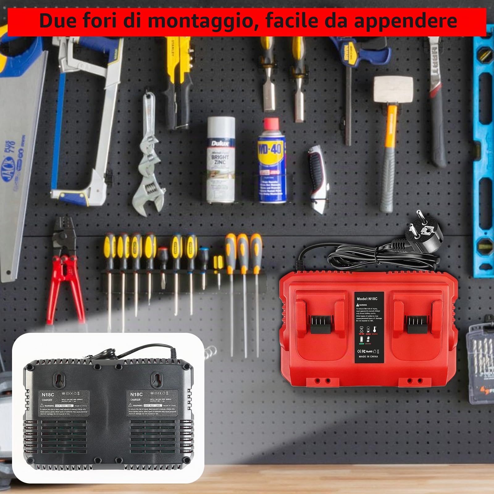 Caricabatterie Compatibile con Milwaukee M18 18V, Doppia Porta Rapida | Caricatore multiplo di ricambio compatibile con 48-59-1812/1802/1804, ricarica due batterie contemporaneamente