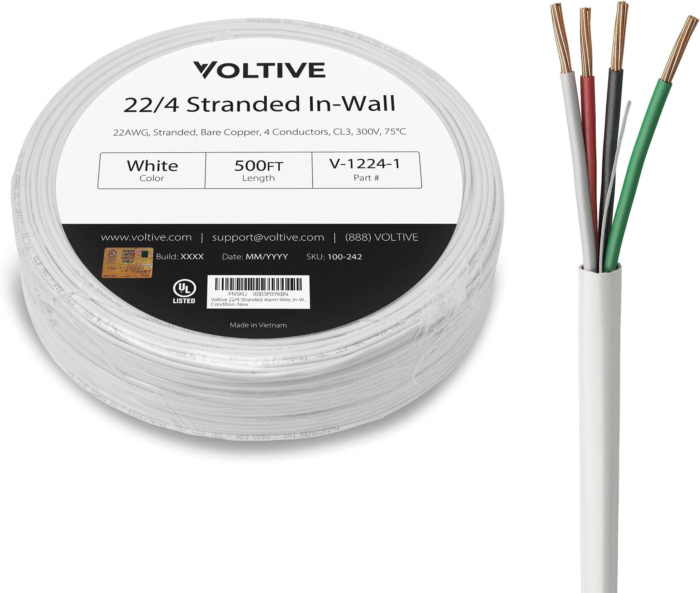 Voltive 22/4 Stranded Alarm Wire - in Wall CL3 Rated - Oxygen-Free Copper (OFC) - 500 Foot Coilpack - White