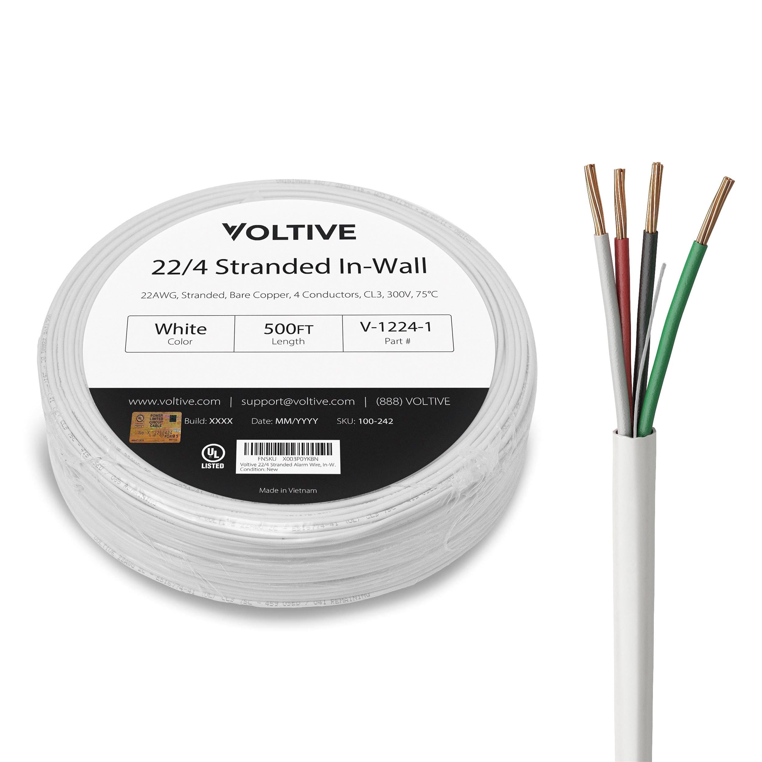 Voltive V-1224-1 22 AWG, 22/4 Litze, Wandlitze, CL3, Weiß, 152,4 m – 22 AWG, 4 Leiter, blankes Kupfer, UL-gelistet