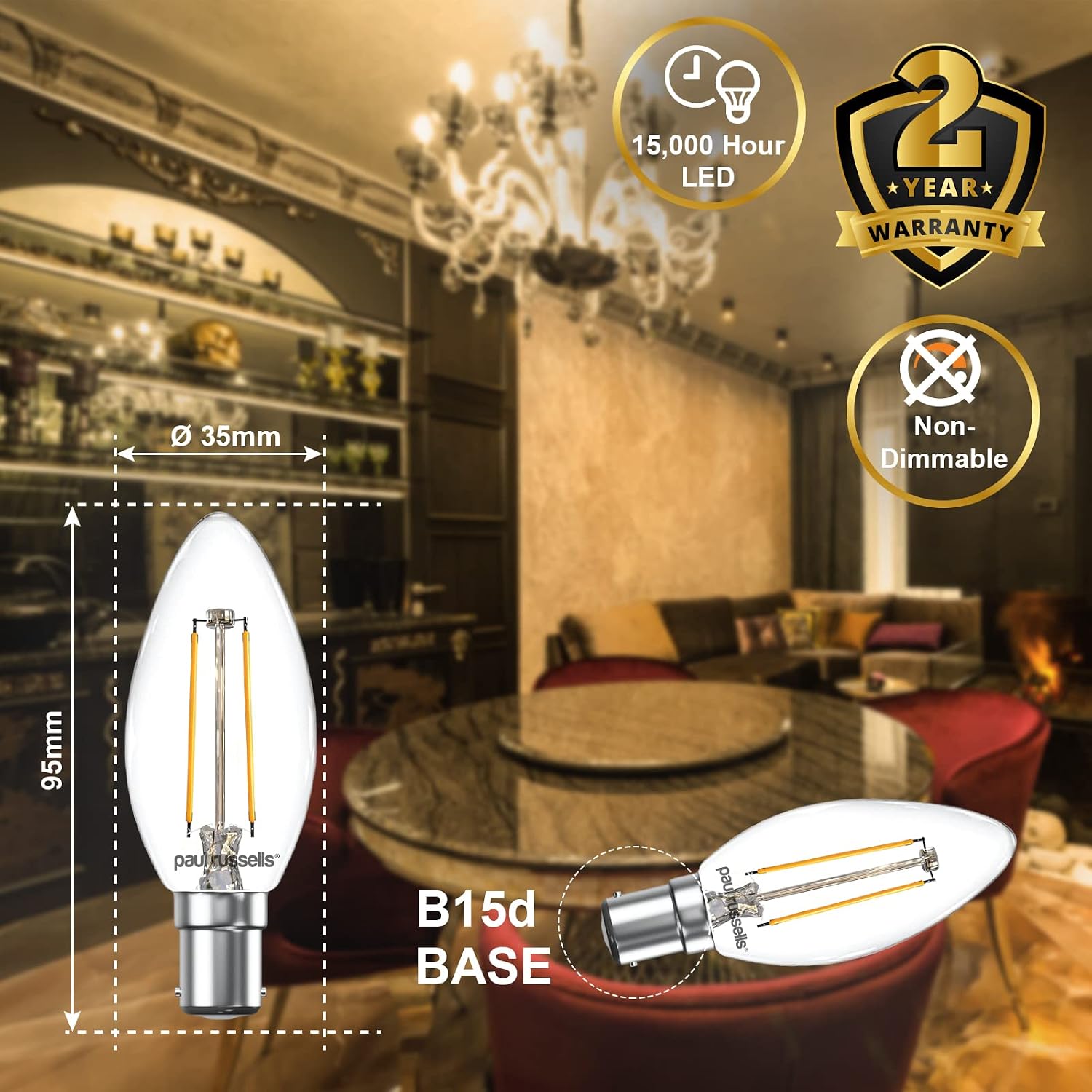 Paul russells LED Candle Filament Light, 2.5W 25W Equivalent Replacement, 250LM Lumens, 2700K Warm White - Image 4