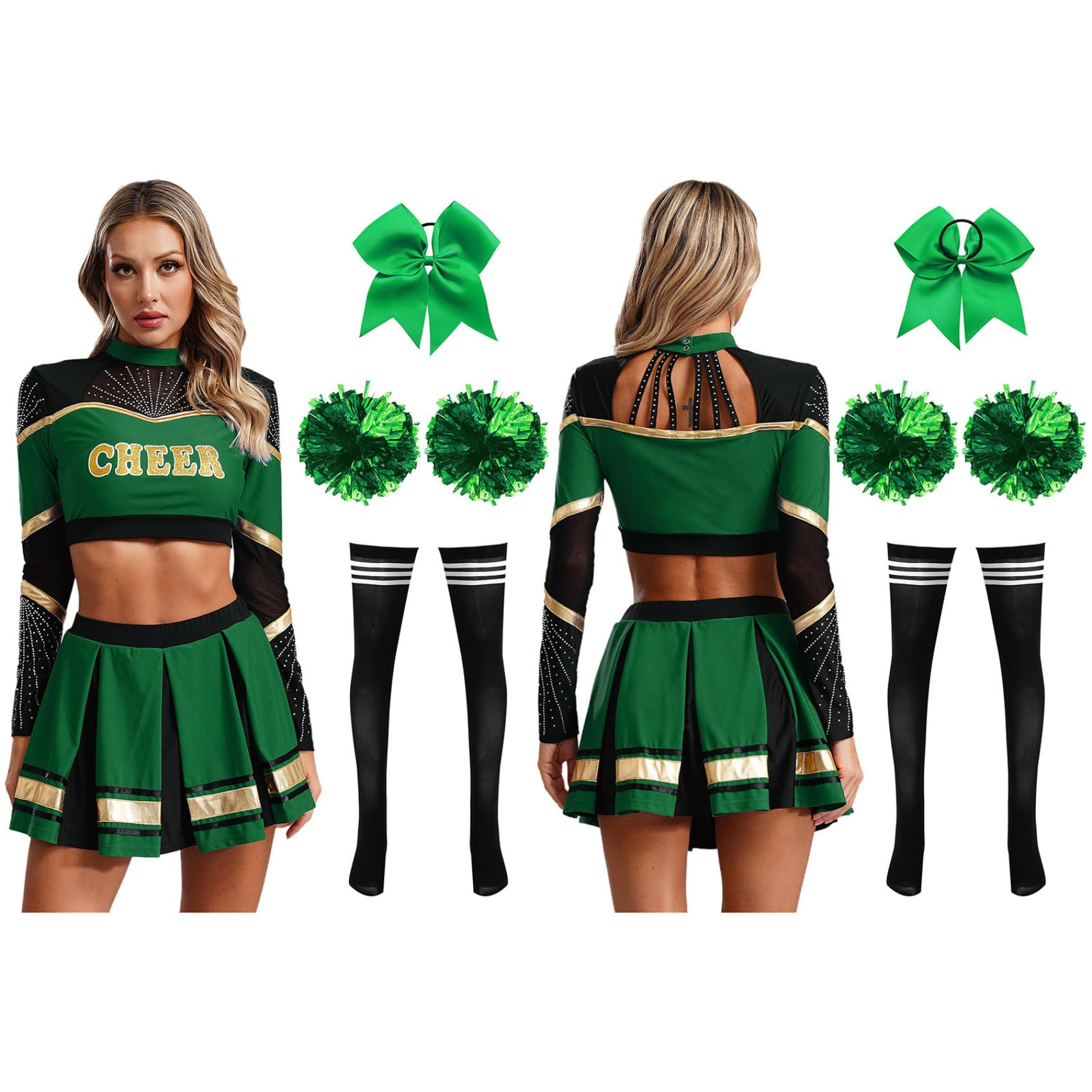 Damen Cheer Leader Kostüm Cheerleading Uniform 5tlg.Langarm Crop Tops mit Rock Pompoms Socken Haarband Tanzkleid Karneval Fasching Partykleid