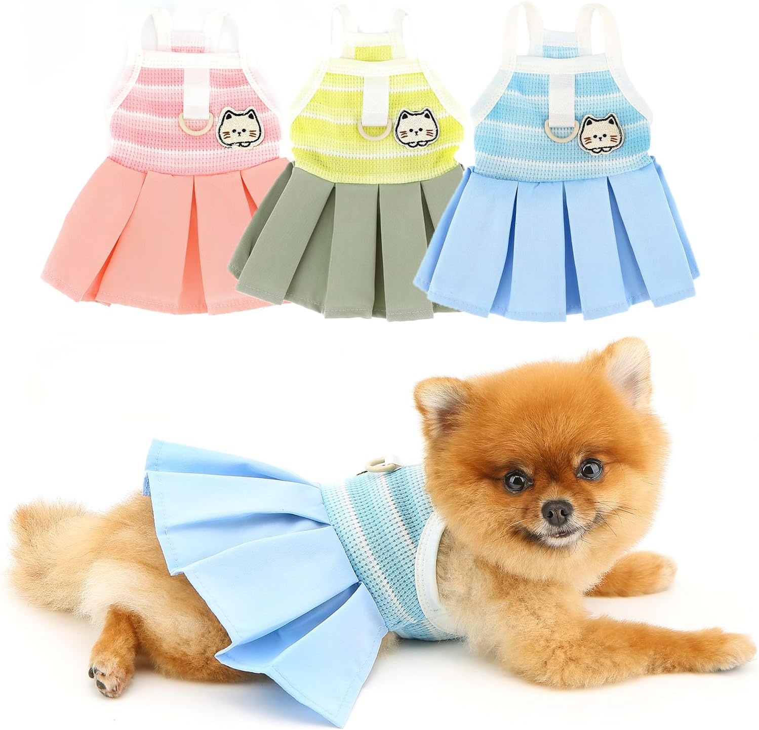 PAIDEFUL Small Dog Dresses Clothes,Sweet Puppy Sundress Summer Cool Pleated Skirt for Girl Dogs Soft Breathable Pet Vest Shirts Doggie Stretchy Pullover Cat Costume Chihuahua Apparel D-ring,Blue,M
