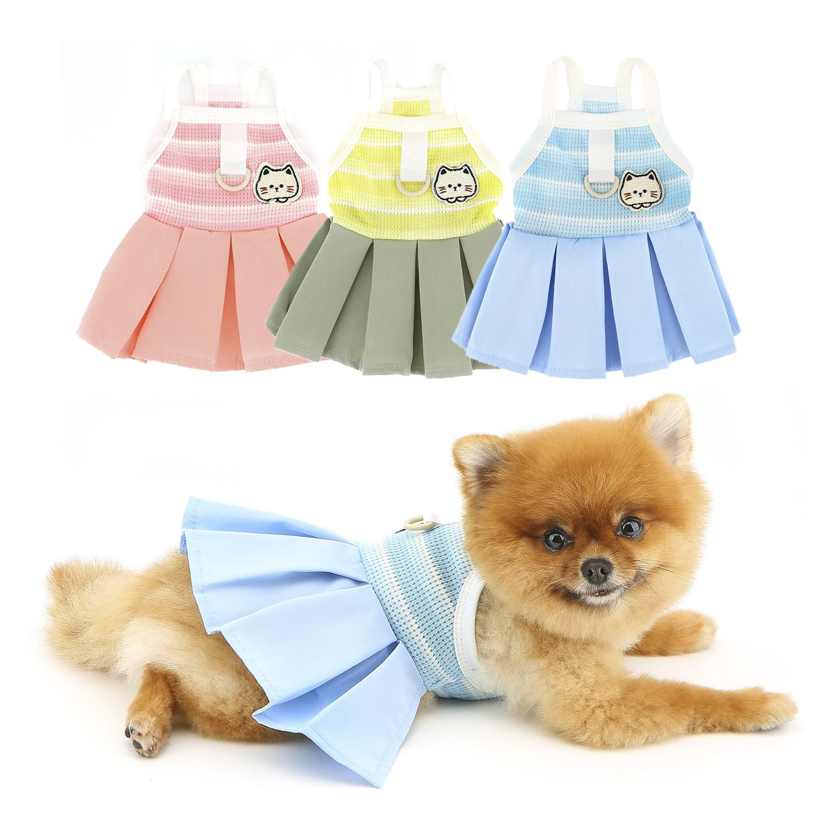 PAIDEFUL Small Dog Dresses Clothes,Sweet Puppy Sundress Summer Cool Pleated Skirt for Girl Dogs Soft Breathable Pet Vest Shirts Doggie Stretchy Pullover Cat Costume Chihuahua Apparel D-ring,Blue,XXL