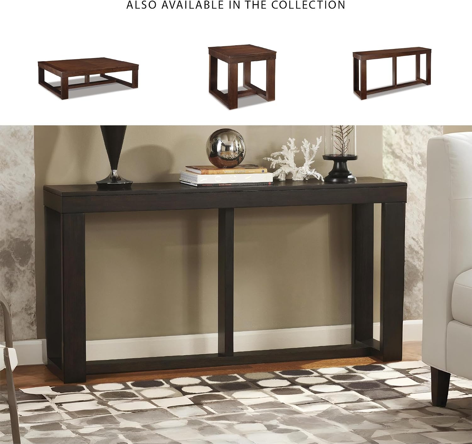 Signature Design by Ashley Watson Sofa Console Table, 64"L, Dark Brown | Veneers, wood and engineered wood, Dark brown finish, Oil-rubbed distressing, Trestle base, Living room use
