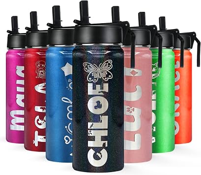 Cuptify Personalized Girls Water Bottle with Straw Lid on Black Glitter for School Engraved Custom Children Name 18 oz Modern Insulated