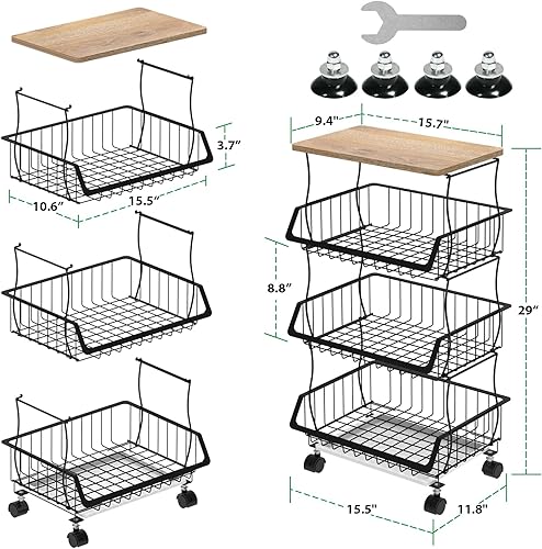 Miniatura 5 de Carrito de cocina con ruedas y parte superior de madera, organizador de cesta de alambre de 4 niveles para frutas, verduras, despensa, apilable,