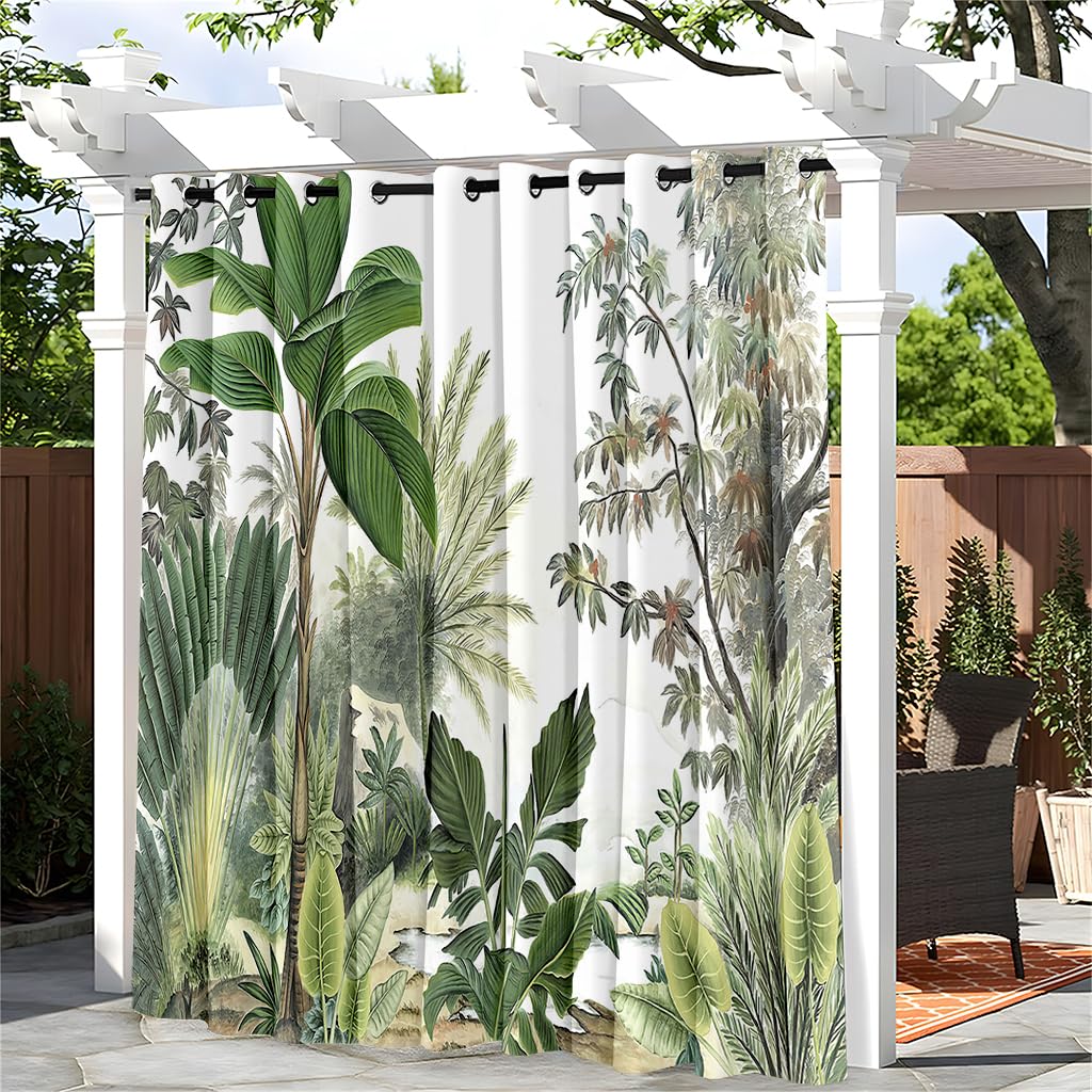 Hiseng Outdoor Curtains Waterproof, 1 Panel Pergola Curtains Eyelet Top - 3D Leaf Curtain Thick Privacy Thermal Insulated Sunshade Curtains for Garden Gazebo Patio Porch (132x274cm,Plants)